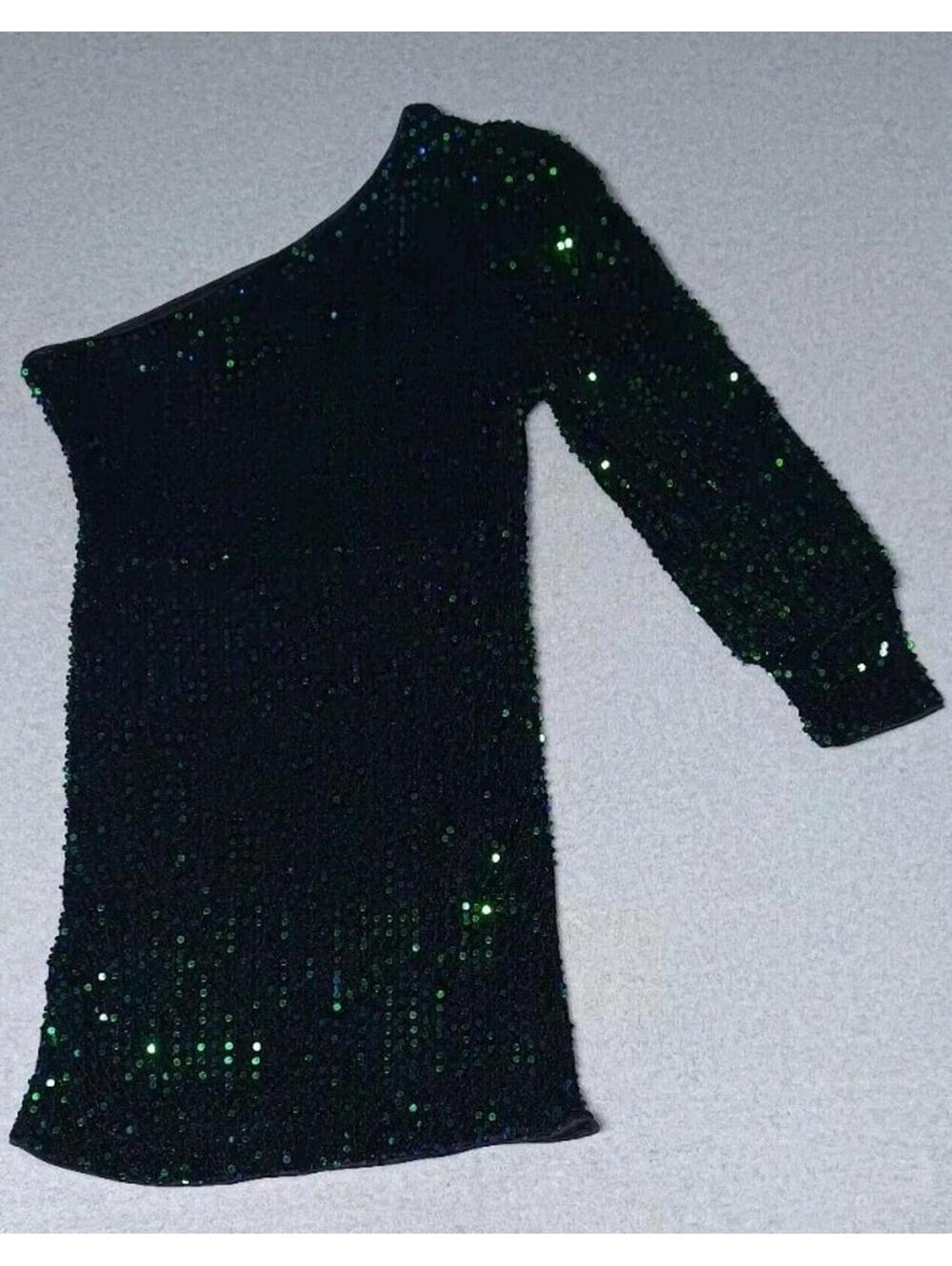 Sequin One Sleeve Fitted Dress Womens Size Large Green Blue Long Sleeve Cocktail - Picture 8 of 11
